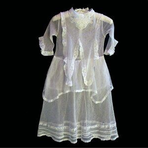 Edwardian White Embroidered Sheer Net Lace Dress Young Woman Girl 25" Waist 36.5